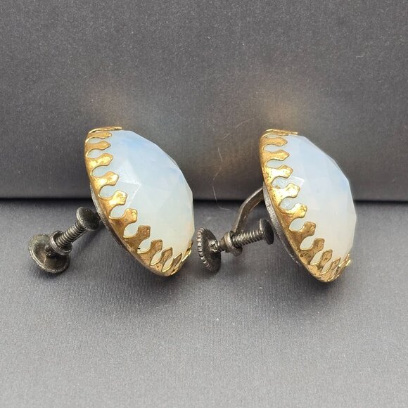 VTG Faceted Moonstone Earrings 19.6mm Ornate Flame Prongs Screw Back Signed La? - Picture 3 of 10